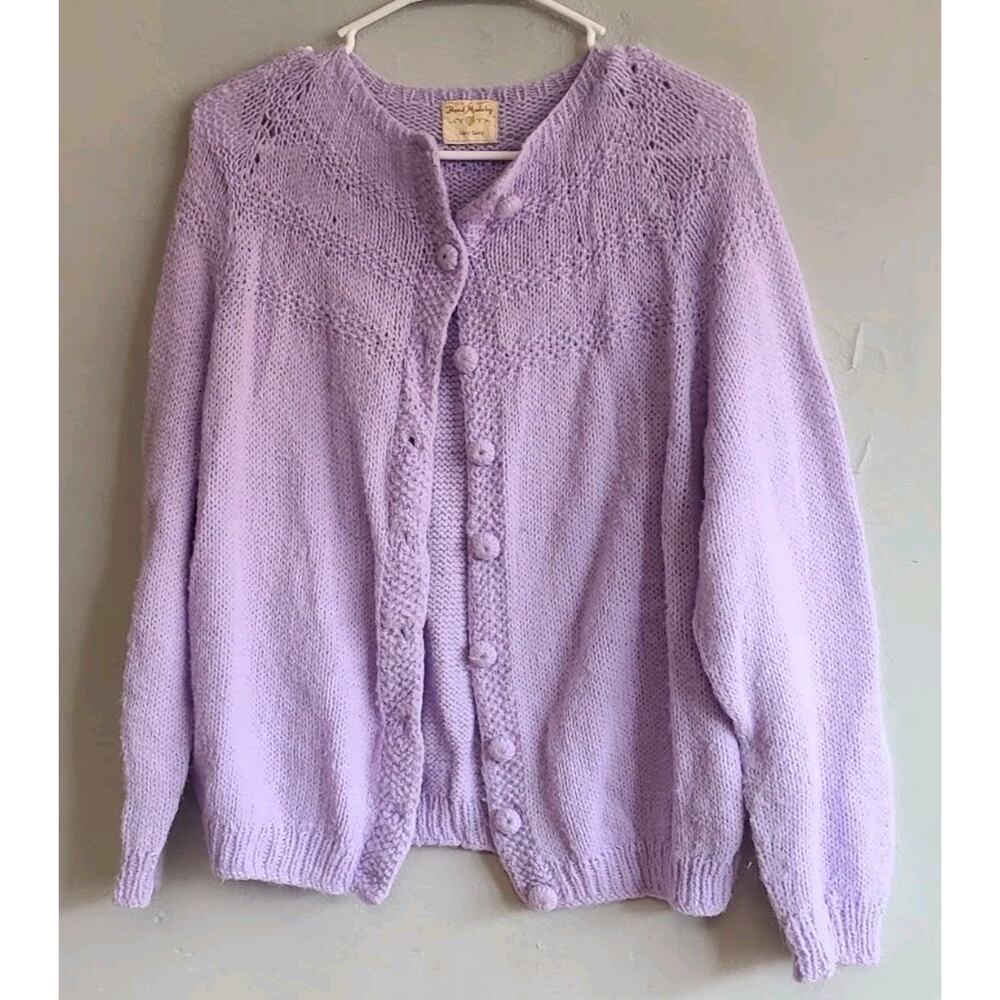 Vintage 1970s women's large purple lavender handmade sweater cardigan crocheted